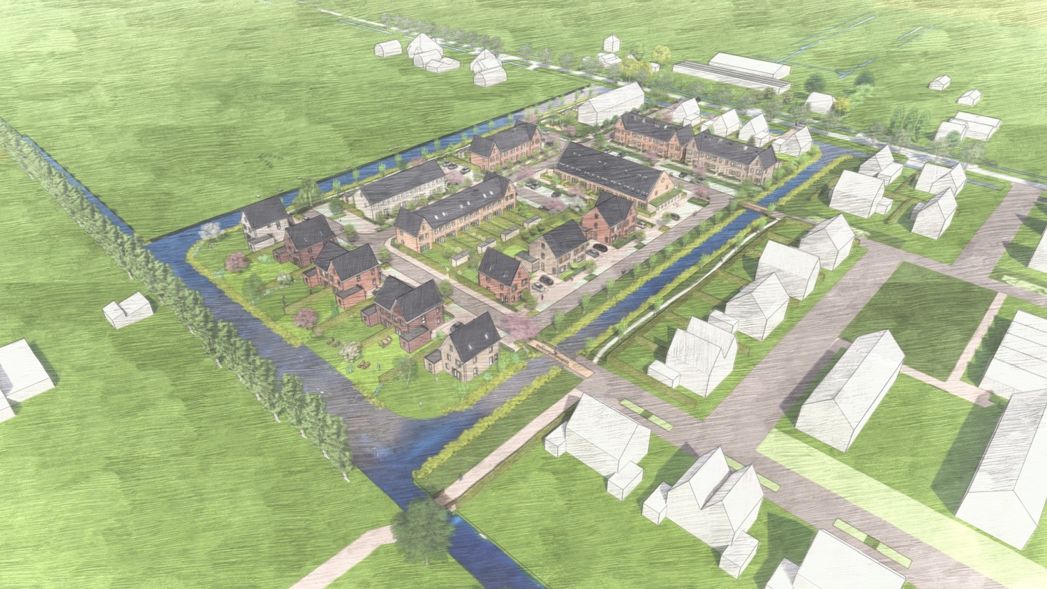 Vogelvluchtimpressie van nieuwbouwproject Pioenhof in Hensbroek