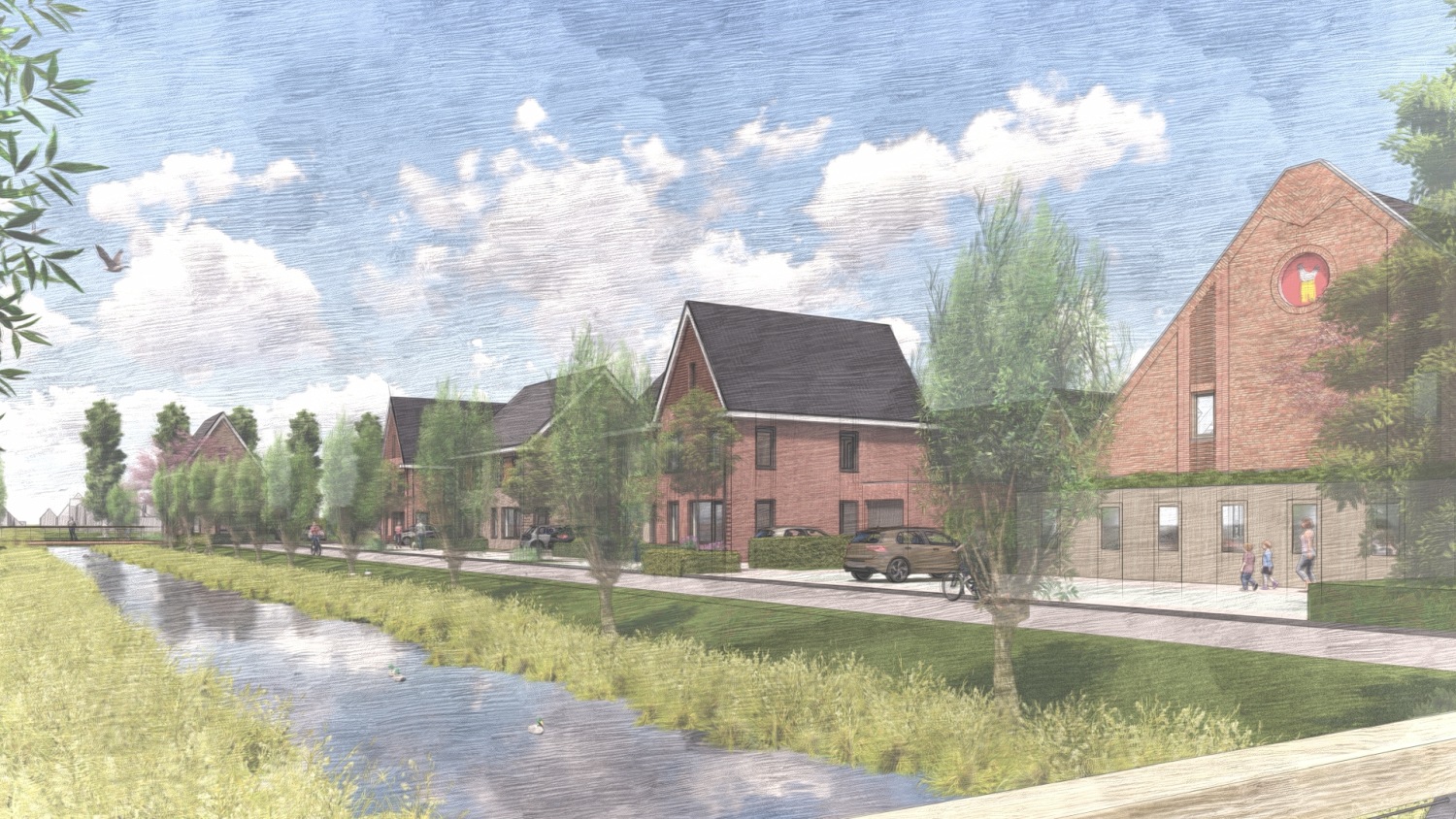 Straatbeeldimpressie van woningen aan het water in Pioenhof Hensbroek